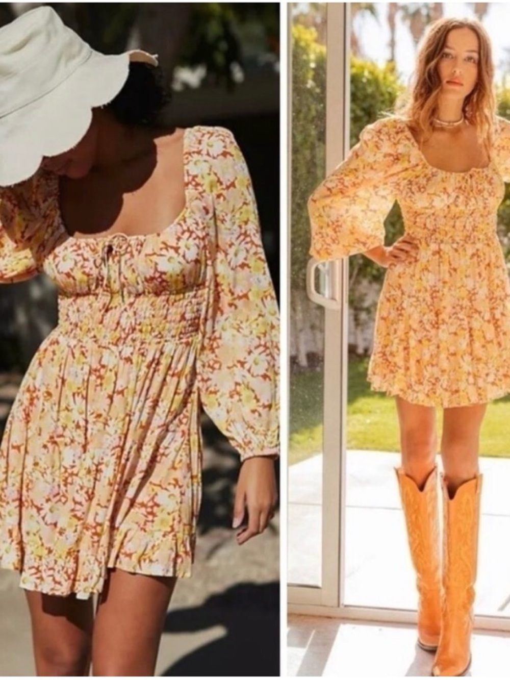 l*space Yellow Floral Square-Neck Smocked Mini Dress